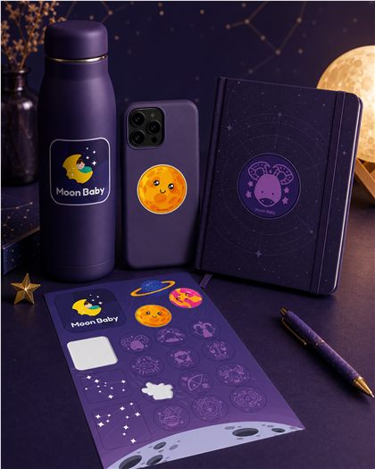 Aplicaciones de Moon Baby en botella, teléfono, cuaderno y stickers