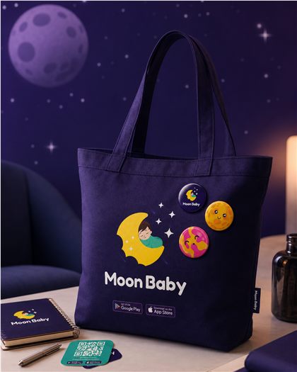 Aplicación de Moon Baby en bolso, pines y cuaderno