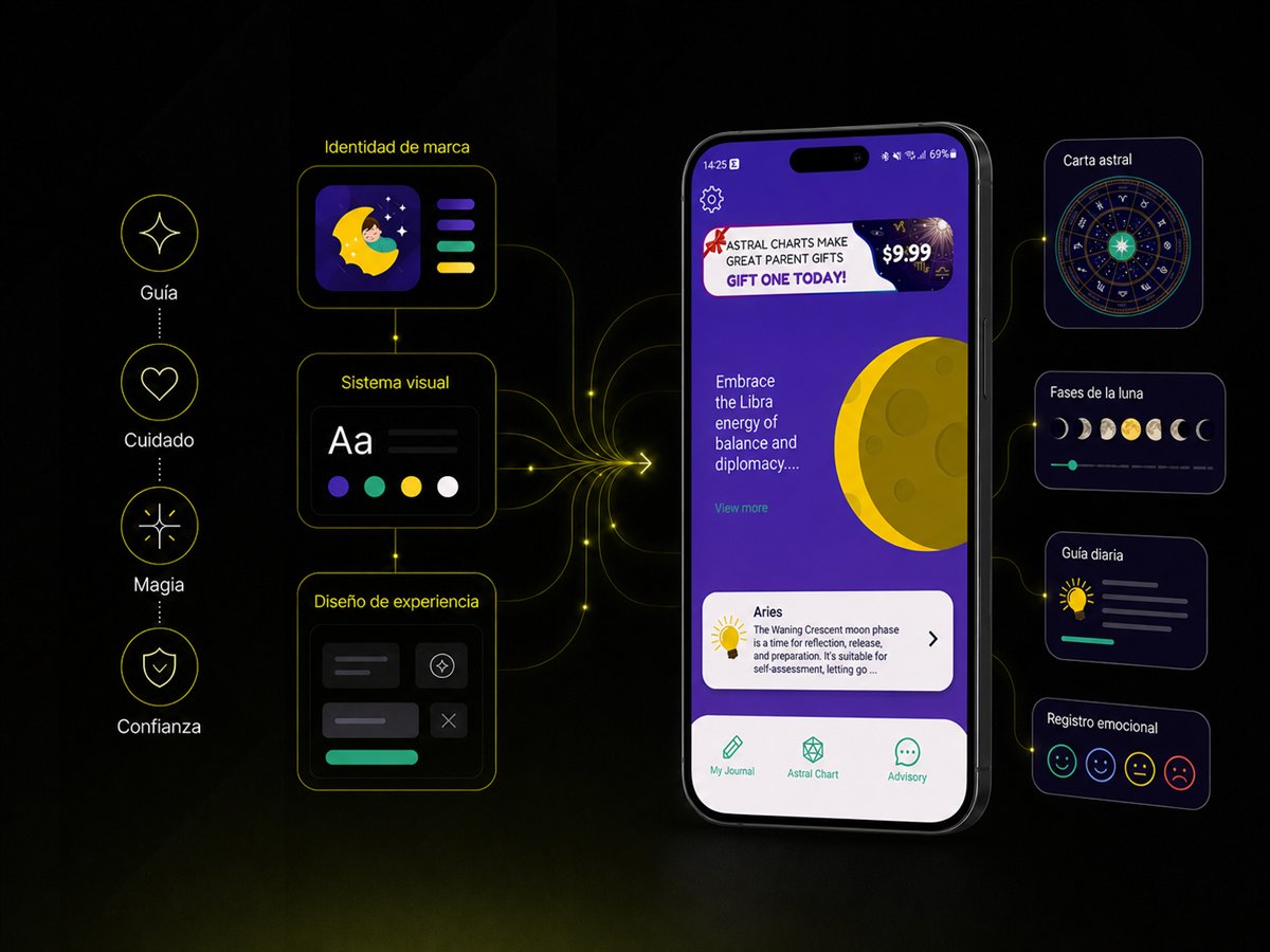Recorrido visual desde los valores y la identidad de Moon Baby hasta su sistema de diseño y experiencia móvil